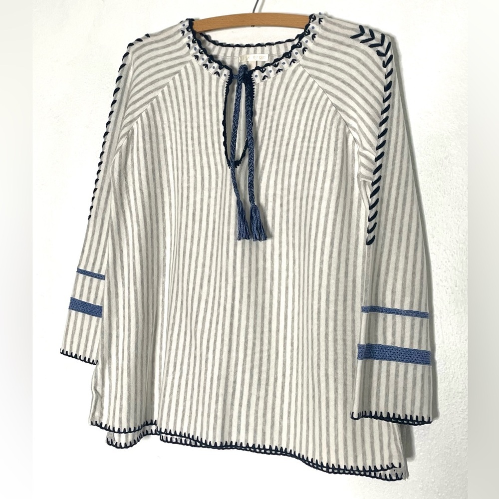 Lisa Todd Grey White Striped Cotton Sweater. Tassel tie stitch detail Small